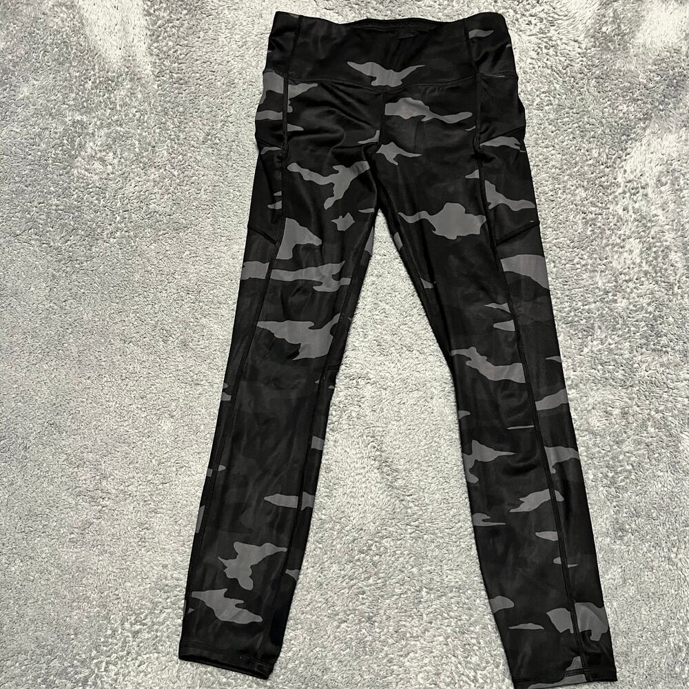 Athleta Camo Contender Leggings Womens Small Black Gray Zip Pockets 405480